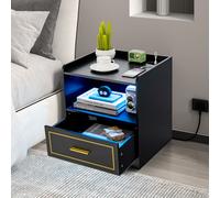 Bedside Table LED Light Sofa End Table W/ Drawer & Charge Station