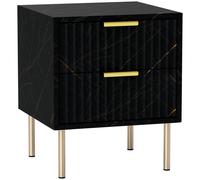 Bedside Table Marble Pattern Black MDF 40x39x48cm Fluted Drawers Gold Accents UK