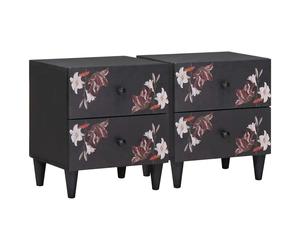 Bedside Table Warm Brown Solid Mango Wood 40x33.5x46cm Floral Pattern Brass Knob