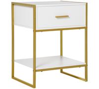Bedside Table White Gold Slim Metal Frame Nightstand w/ Drawer Shelf 60x45x40cm