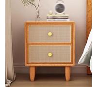 bedside tables Retro Simple Wooden 2 Drawers Decorated Rattan Handmade Side Cabinet Storage Bedroom Furniture(Dark Wood Color