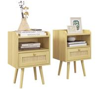Bedside Tables, Set of 2, Boho Side End Table w/ Drawer, Storage Compartment