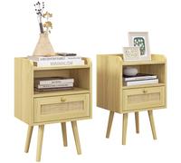 Bedside Tables, Set of 2, Boho Side End Table w/ Drawer, Storage Compartment
