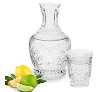 Bedside Water Carafe and glass set, Vintage mini carafe with small glass cup that acts as a lid, hand blown artisan piece, perfect for night table decor with pretty hand pressed design.