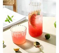 Bedside Water Carafe Set,600ml Glass Pitcher Water Jugs and Glass Set, Water Dispenser with Drinking Cup Lid for Nightstand, Mouthwash Dispenser for Iced Tea Milk Water Coffee (Stripe)