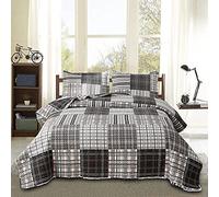 Bedspread Set Twin Size Quilt Set Plaid Bed Spread Coverlet Black White Grey Plaid Patchwork Stripe Modern Quilt Bedspread Bedding Soft Lightweight Reversible Home Bedding Mens Quilts for Twin Bed