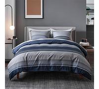 BEDSURE Bed linen set 135 x 200 cm, 2-piece duvet cover, bed linen with pillowcase 80 x 80 cm, Oeko-Tex soft and non-iron, striped pattern, with zip, blue