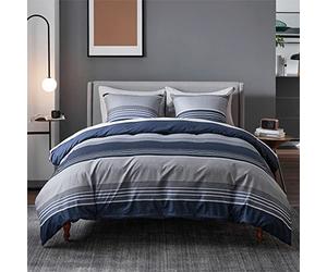 BEDSURE Bed linen set 155 x 220 cm, 3-piece with 2 pillowcases 80 x 80 cm, Oeko-Tex soft and non-iron, striped pattern, with zip, blue