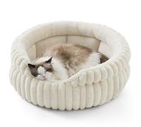 Bedsure Cat Bed Washable Kitten Bed - 58x58cm Corduroy Fleece Large Round Cat Beds for Indoor Cats, Puppy Bed with Non-Slip Bottom and Removable Reversible Cushion, White