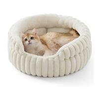 Bedsure Cat Bed Washable Puppy Bed - 51x51cm Corduroy Fleece Small Round Cat Beds for Indoor Cats, Kitten Pet Bed with Non-Slip Bottom and Removable Reversible Cushion, White