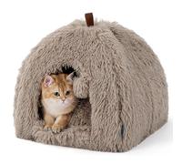 Bedsure Cat Cave Bed Igloo - Fluffy Cat Bed House with Removable Washable Cushion Pillow Foldable Portable Pet Bed, 40x40x40cm，Camel