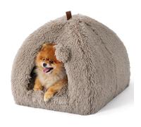 Bedsure Cat Cave Bed Igloo - Fluffy Cat Bed House with Removable Washable Cushion Pillow Foldable Portable Pet Bed, 44x44x44cm，Camel