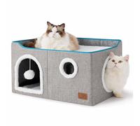 Bedsure Extra-Wide Cat House for Indoor Cats - Large Cat Cave for Pet Cat House with Fluffy Ball Hanging and Scratch Pad, Foldable Cat Hideaway for Multi Cats, 23.6x16.9x13 inches, Grey