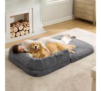 Bedsure Foldable Human Dog Bed for People Adults, 2 in 1 Calming Human Size Giant Dog Bed Fits Pet Families with Egg Foam Supportive Mat and Waterproof Liner, Faux Fur Orthopedic Dog Sofa, Dark Grey
