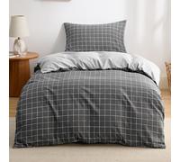 Bedsure Single Duvet Cover Set - Reversible Plaid Bed Set with Zipper Closure, 3 Pieces Dark Grey Bedding Set with 8 Corner Ties and 2 Pillowcases, 135x200cm