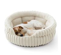 Bedsure Small Round Dog Bed Washable, 66x66cm Corduroy Fleece Large Round Cat Bed, Large Kitten Puppy Bed for Indoor Cats with Non-Slip Bottom and Removable Reversible Cushion, White