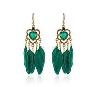 BEDT New Ethnic Green Feather Earrings Women Bohemian Summer Heart-shaped Gemstone Layered Tassel Earrings Statement Jewelry
