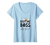 Bedtime Boss: Freak in The Sheets Funny Sleepy Crown V-Neck T-Shirt, Women, Baby Blue, S