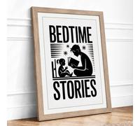 Bedtime Stories Minimalist Framed Wall Art Print A4 (29.7×21cm) Oak, Wall Decor for Living Room, Bedroom, Office & Home, Ready to Hang, Art Gift