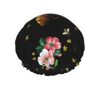 Bee And Golden Star Print Premium Double Layer Shower Cap For Women With Reusable Shower Cap For Hair - Waterproof Plastic Cap - Shower Caps For Long, Short And Curly Hairs