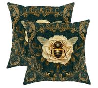 Bee and Rose Pillow Covers Set of 2, Dark Green Floral Throw Pillows Case, Vintage Decorative Square Cushion Covers for Home Sofa Bed Couch Decor 18x18 Inch