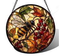 Bee Berry Stained Glass Window Hanging Sun Catcher Stained Glass Kit Style Round Autumn Botanical Panel for Indoor Window Wall Garden Decor Gift