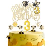 Bee Birthday Candle&Topper Set, Girls Boys 3rd Birthday Party Cake Decorations,Cute Yellow Bee Cupcake Toppers Number Candle Decorations