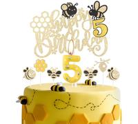 Bee Birthday Candle&Topper Set, Girls Boys 5th Birthday Party Cake Decorations,Cute Yellow Bee Cupcake Toppers Number Candle Decorations