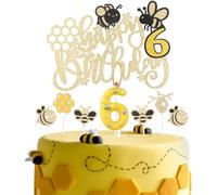 Bee Birthday Candle&Topper Set, Girls Boys 6th Birthday Party Cake Decorations,Cute Yellow Bee Cupcake Toppers Number Candle Decorations