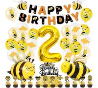 Bee Birthday Decoration Set, 2 Years Birthday Decorations Bee, Decoration Hornet Balloon with Happy Birthday Flag, Bee Shaped Balloons Birthday