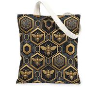 Bee Canvas Tote Bag for Women, Modern Elegant Hexagon Honeycomb N/a Black Washable Reusable Market Tote Bags Ideas for Trav, Black, 13x15 Inch