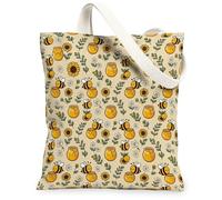 Bee Canvas Tote Bag for Women, Summer Playful Sunflower Honey Jar Summer Yellow Washable Reusable Aesthetic Tote Bags Ideas, Yellow, 13x15 Inch