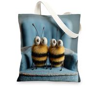 Bee Canvas Tote Bags, Cute Insect Design Lightweight Washable Shopping Bags, Fun Cartoon Style Reusable Grocery Bags for Be, Beige, 13x15 Inch