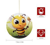 Bee Christmas Ceramic Hanging Ornament Round Double-Side Xmas Tree Decorations with Gold Rope Christmas Pendant for Fireplace Holiday Party Xmas Decoration