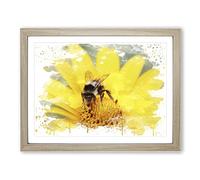 Bee Collecting Pollen Yellow Flower No.1 V3 Modern Framed Wall Art Print, Ready to Hang Picture for Living Room Bedroom Home Office Décor, Oak A2 (64 x 46 cm)