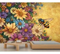 Bee Colorful Flowers Murals Rustic Wildflower Wall Wallpaper Floral Bee Wallpaper for Bedroom Living Room 300x240cm Home TV Sofa Background Wall Decor (Not Self-Adhesive)
