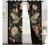 Bee Curtains Blackout for Home Decor, Thermal Curtains Vintage Peony Flower Pattern, Living Room & Bedroom Eyelet Drapes 90 Inch Drop, 90x90, 2 Panels E&4509