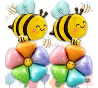 Bee & Daisy Balloons, 4 Pcs Large Mylar Foilballoons for Bee,Cute Smile Face Bee Colorful Flower Helium Balloon,25-42 inch Insect Spring Birthday Party Decorations Baby Shower for Kids