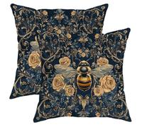 Bee Decorative Pillow Covers Set of 2, Navy Blue Floral Bees Throw Pillow Cases, Autumn Farmhouse Cushion Covers for Home Sofa Bed Couch 16x16 Inch
