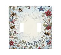 Bee Double Light Switch Cover Plate, Floral Rustic Flower Leaf Spring Blue Plastic Standard Size Switch Plate Decorative for Home Living Room New Apartment Decor