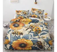 Bee Duvet Cover Set Double Size, Floral Honeybee Bedding Set 200x200 cm, Quilt Cover with 2 Pillowcases, Soft Microfiber 3pcs, Zip 21D&-12