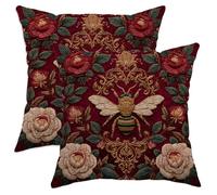 Bee Embroidered Throw Pillow Covers Set of 2, Burgundy Floral Decorative Cushion Cases, Vintage Farmhouse Decor for Home Sofa Bed Couch 26x26 Inch