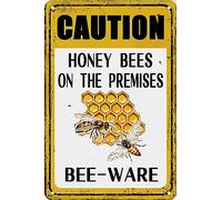 Bee Farm Tin Sign Caution Beware Honey BeOn The PremisMetal Signs for Home Farmhouse Farm Garden Yard Wall Decorationes 8x12 Inch