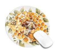 Bee Floral Honeycomb Mouse Pad, Yellow Floral Design with Bees, Summer Style Non-Slip Mousepad for Home Office Computer Use Round 8x8 Inch