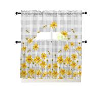 Bee Flower Kitchen Curtains Swag Valance and Tier Curtains Set 24 Inch Length, Rod Pocket Drape Panels Pair Swag Curtains for Bathroom/Cafe/Window Yellow Floral Spring Botanical Plant Plaid Grey