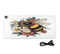 Bee Flowers Blossom White Print Heated Desk Mat Large Heated Desk Pad with 3 Heating Levels PU Leather Computer Accessories for Work Decor, 35.4x15.7in