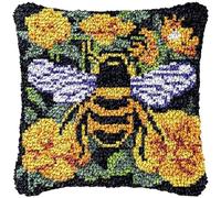 Bee & Flowers Latch Hook Kits Pillow DIY Rug Crochet Hook Cushion Making Kits Preprinted Pattern Canvas DIY Handmade Rug Pillow Hooking Kits for Christmas Decoration43x43cm