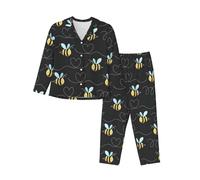 Bee Flying Print Women'S Pajama Set, Long Sleeve Button Down Pjs Sleepwear, Cozy Lounge Nightwear, Black, S
