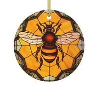 Bee Glass Background Christmas Ornaments, Christmas Decorations Xmas Tree Hanging Ornaments, Round Ceramic Festive Keepsake Gift for Christmas Decorations Holiday Home Party Decors