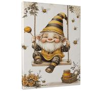 Bee Gnome Swinging Wall Art, Yellow Black Fanciful Gnome Canvas Prints, Seasonal Home Decor for Living Room, Bedroom, Kids Room, Unframed 12x16 Inch